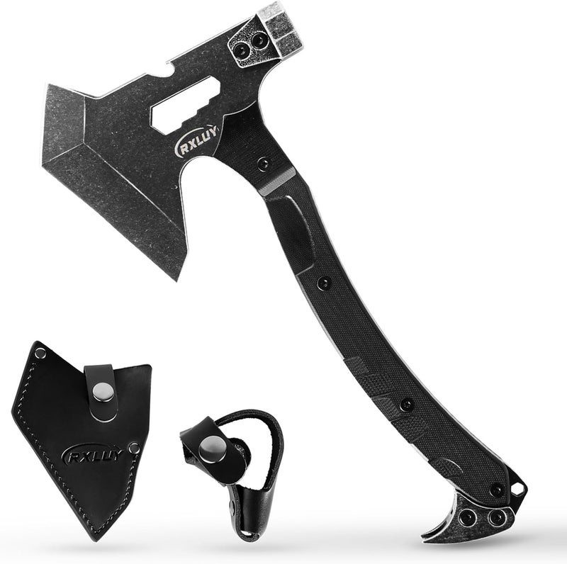 RXLUY Tactical Axe with G10 Handle Camping Survival Hatchet, Multifunctional Outdoor Hiking Heavy Duty Full Tang Tomahawk Tools with Hammer, Unique Design Crowbar, Leather Sheath (Black) - Image 1